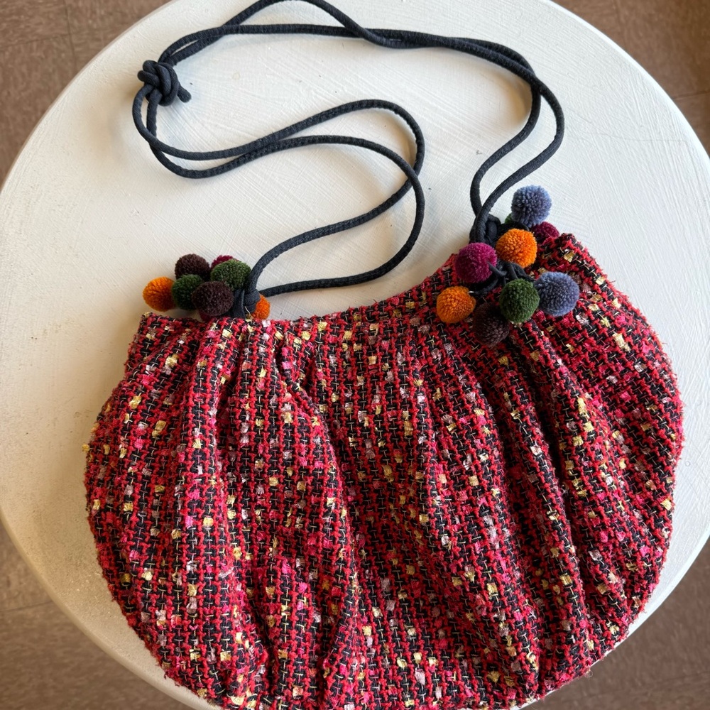 Handmade Boho Tweed Hobo Bag Multicolor Pom Pom Slouchy Crossbody Shoulder Bag